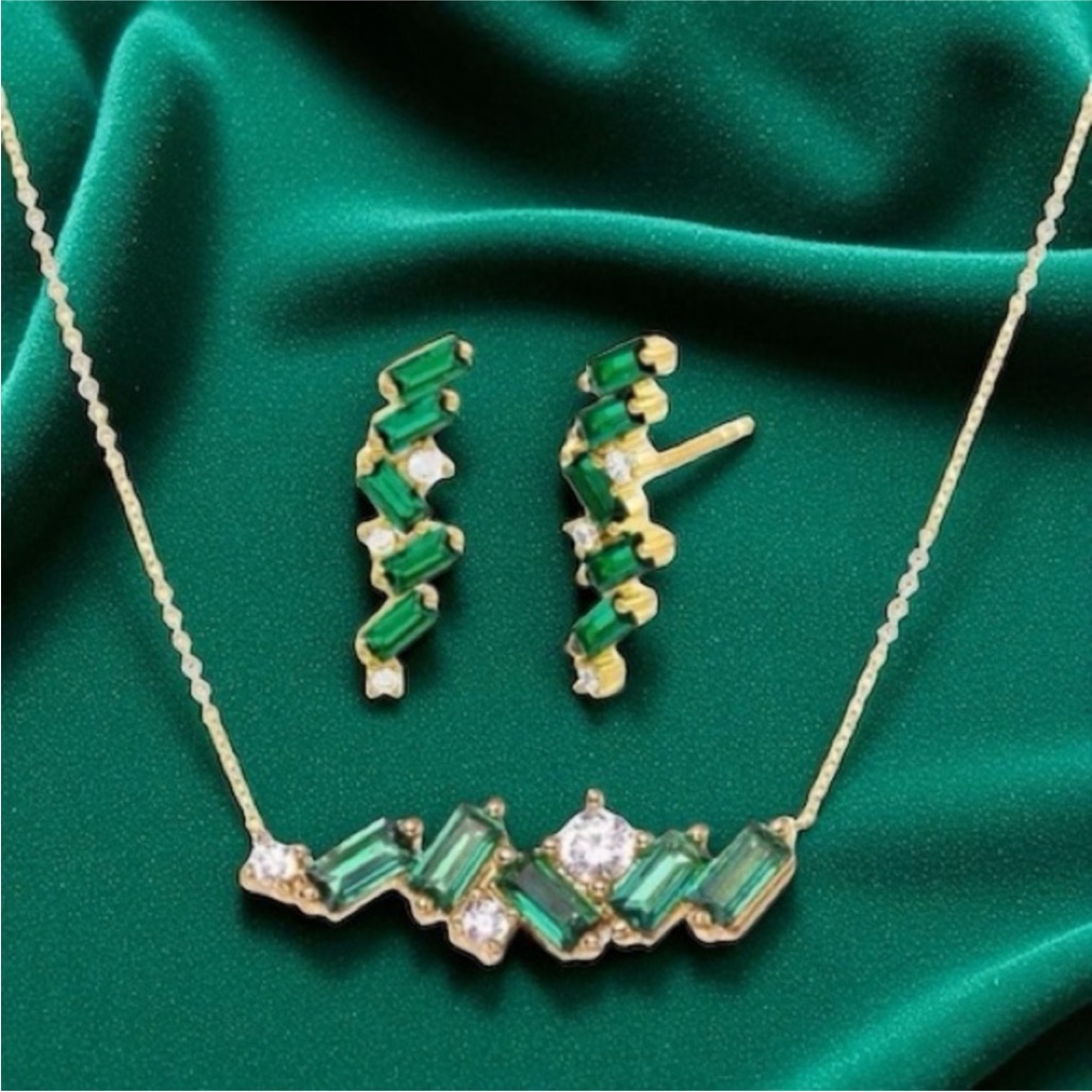 Adina Eden Emerald And Cz Gold Necklace And Earring Set - Brand New